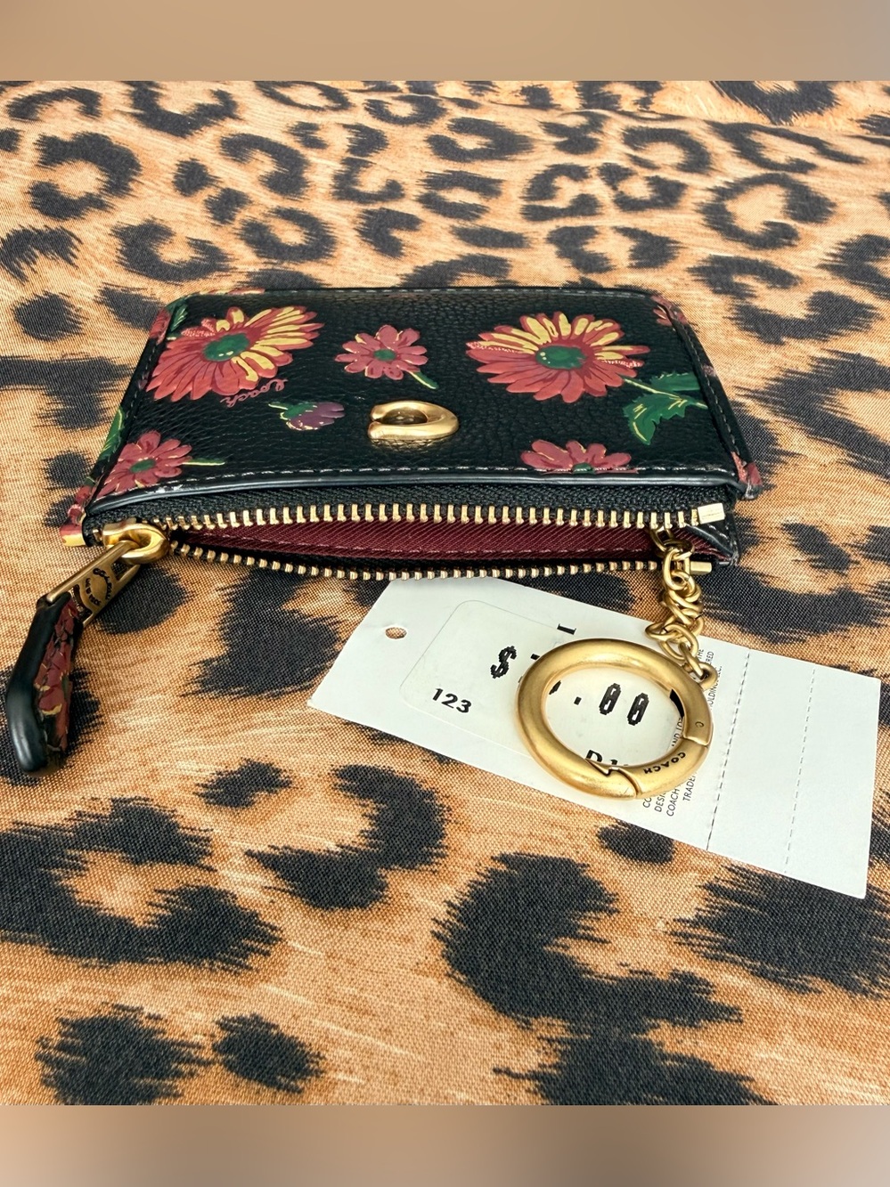 Coach Black Floral Leather Zip Card Case with Pink and Yellow Flowers - Picture 3 of 4